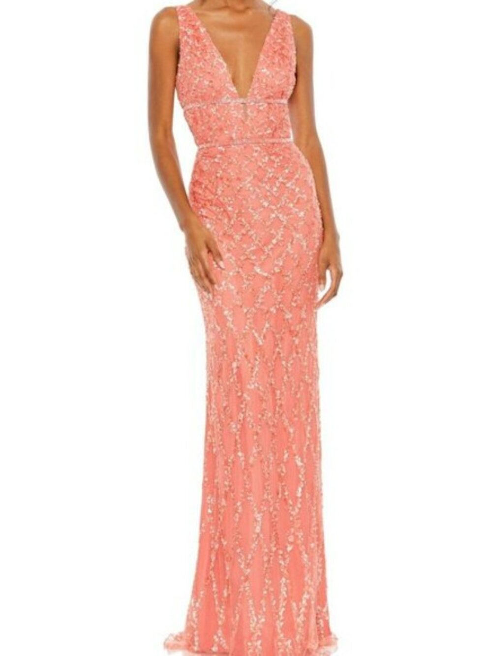 NWT Mac Duggal Sequined Plunge‎ Neck Sleeveless Column Beaded Gown Coral 16 5669